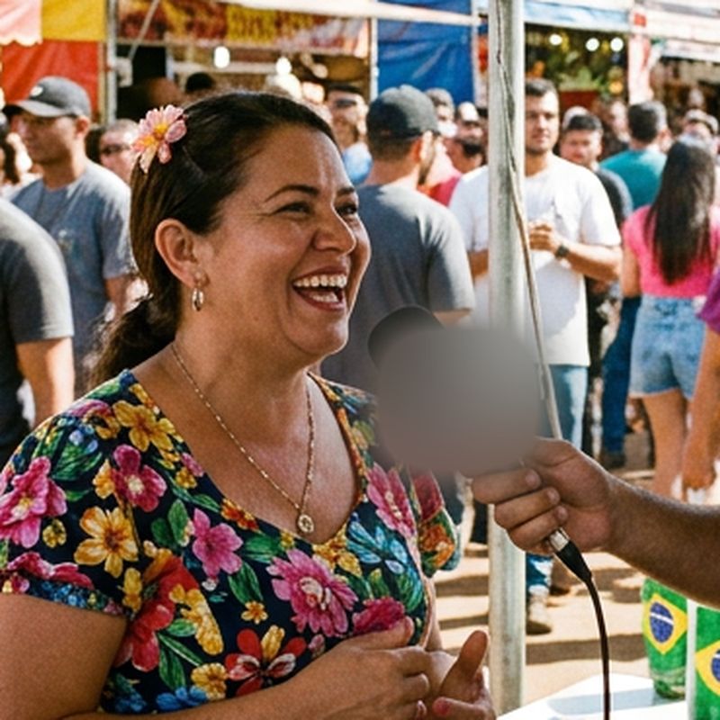 Locutor entrevista moradora em tenda da rádio na feira