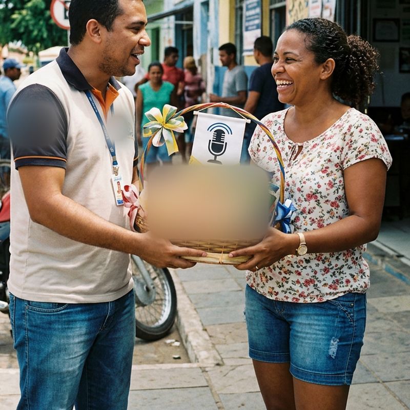 Ouvinte recebe cesta de prêmios na frente da rádio