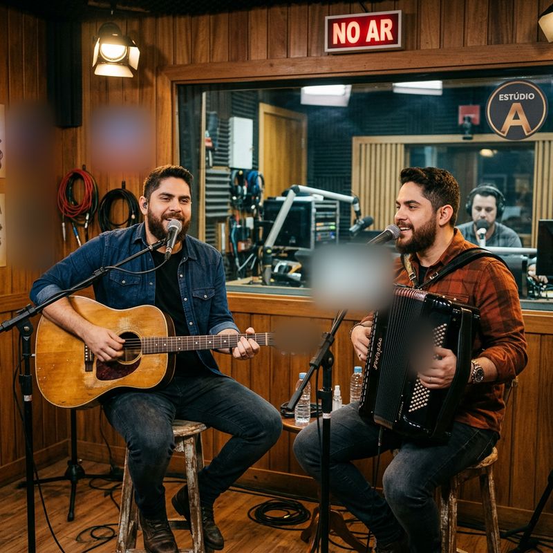 Dupla sertaneja com violão e sanfona tocando no estúdio