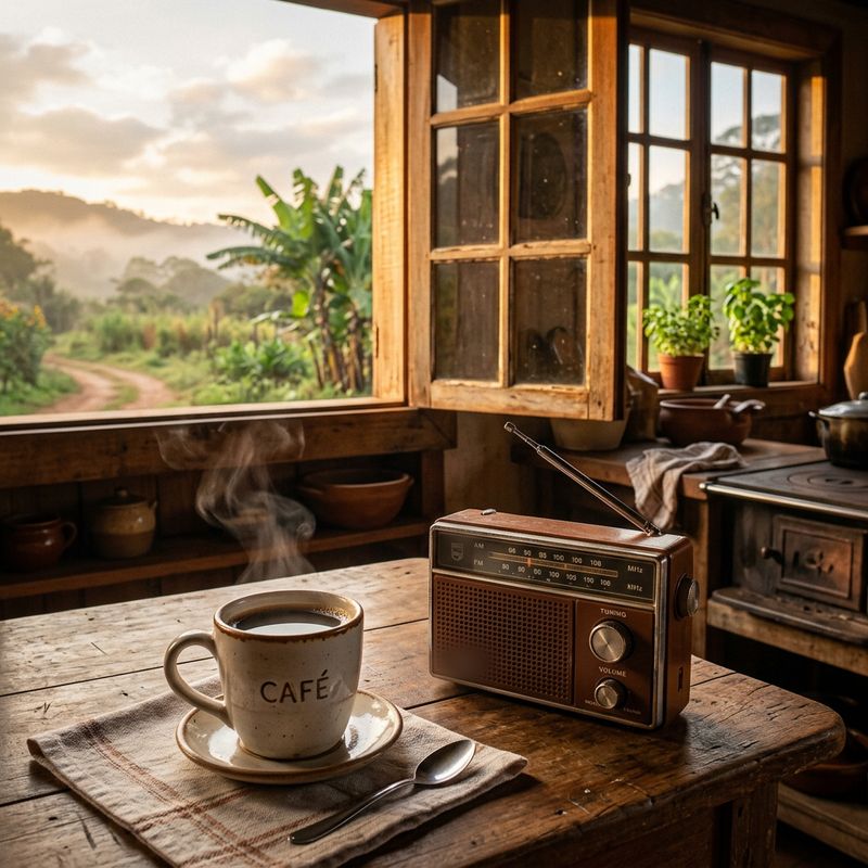 Xícara de café e rádio antigo sobre mesa de madeira