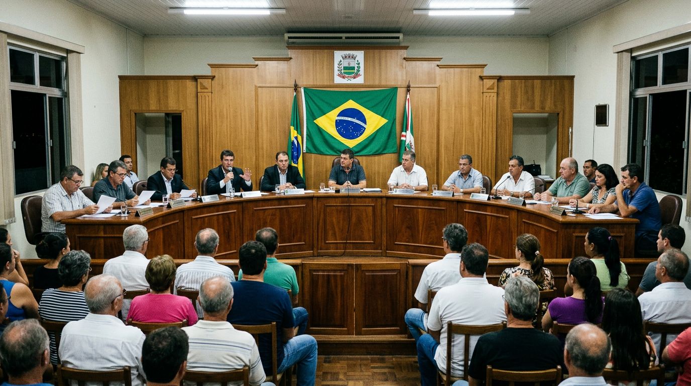 Vereadores sentados em bancada de madeira durante sessão na Câmara Municipal