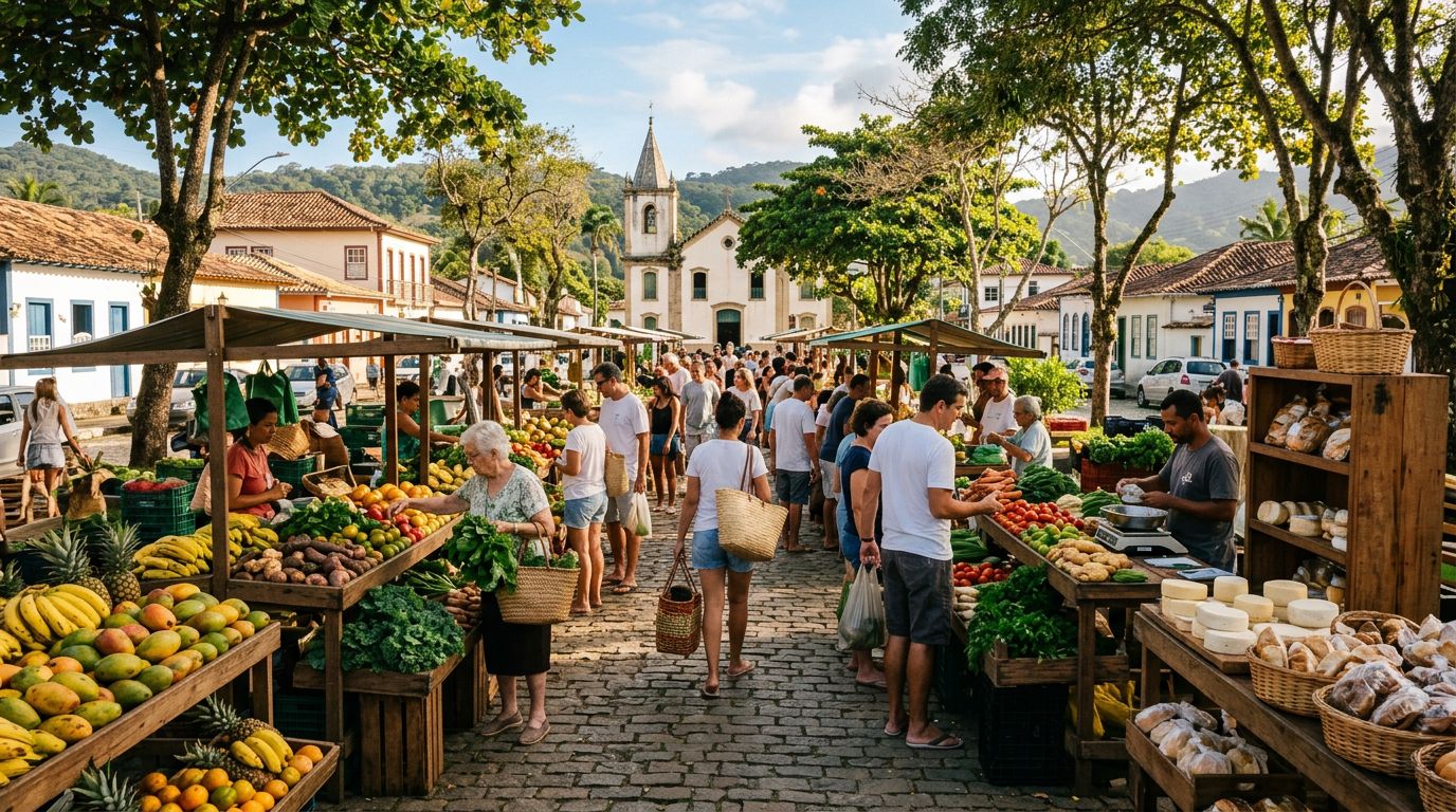 Bancas de madeira com verduras, frutas e queijos em feira na praça da cidade