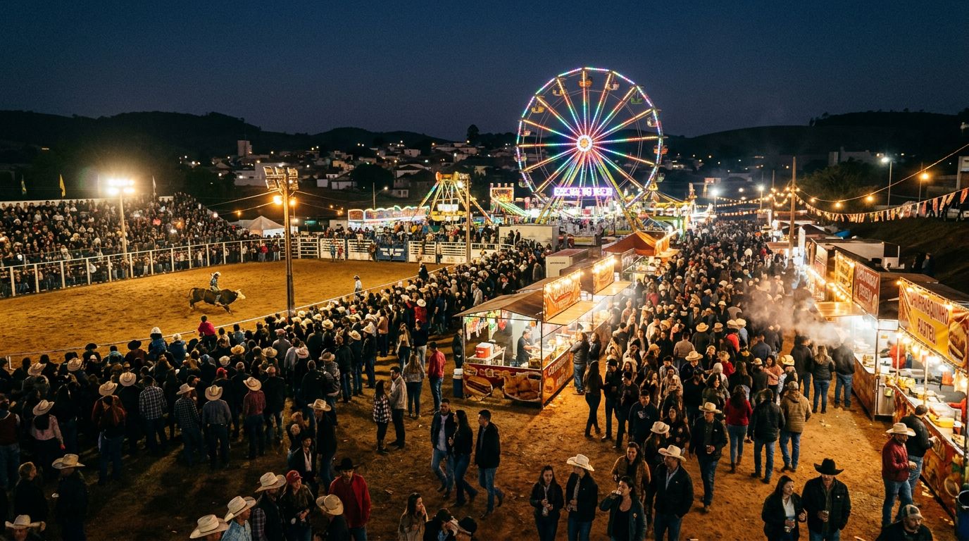 Arena de rodeio iluminada à noite com roda-gigante e público de chapéu