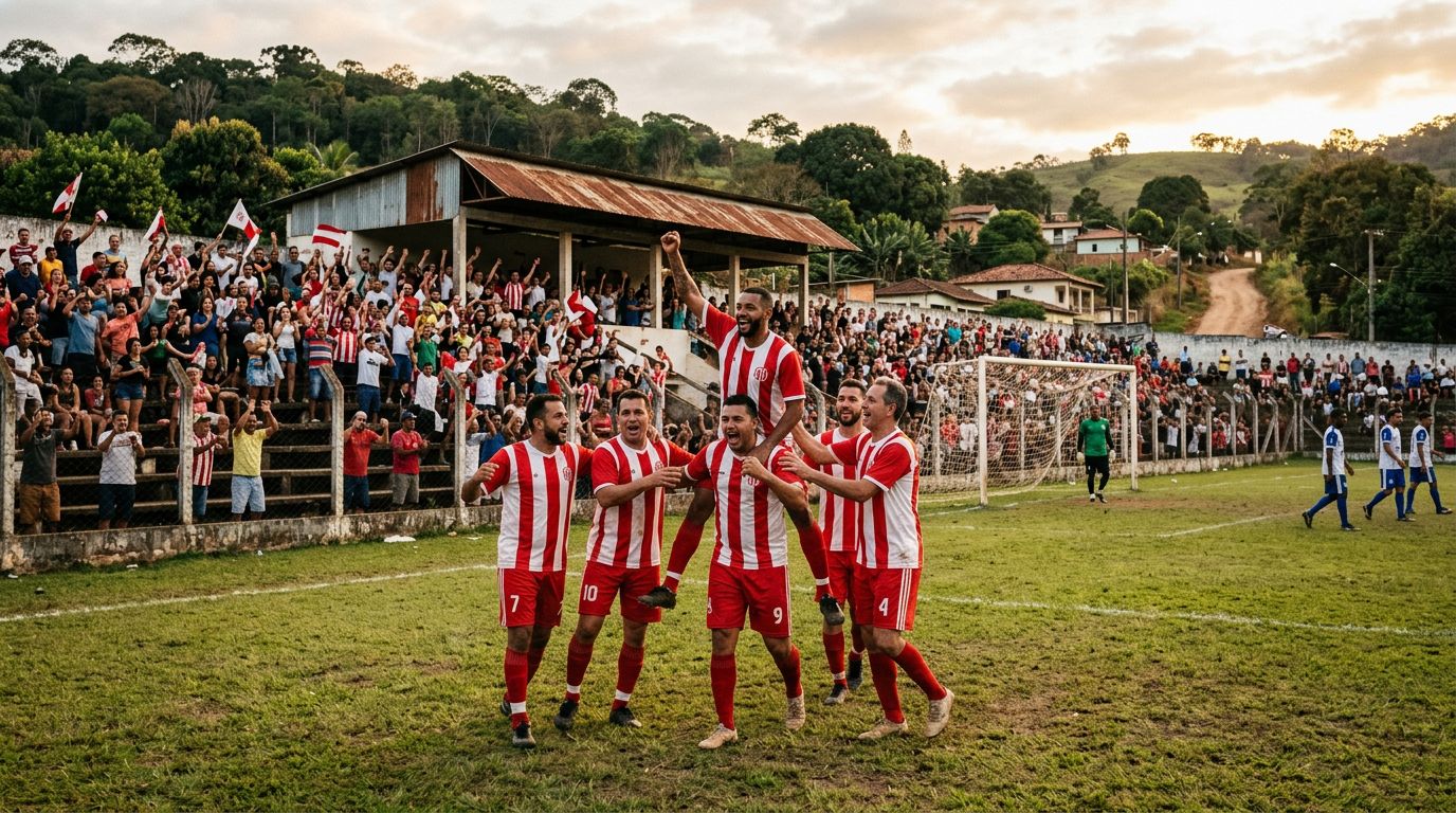 Jogadores de camisa vermelha e branca comemoram gol em estádio do interior