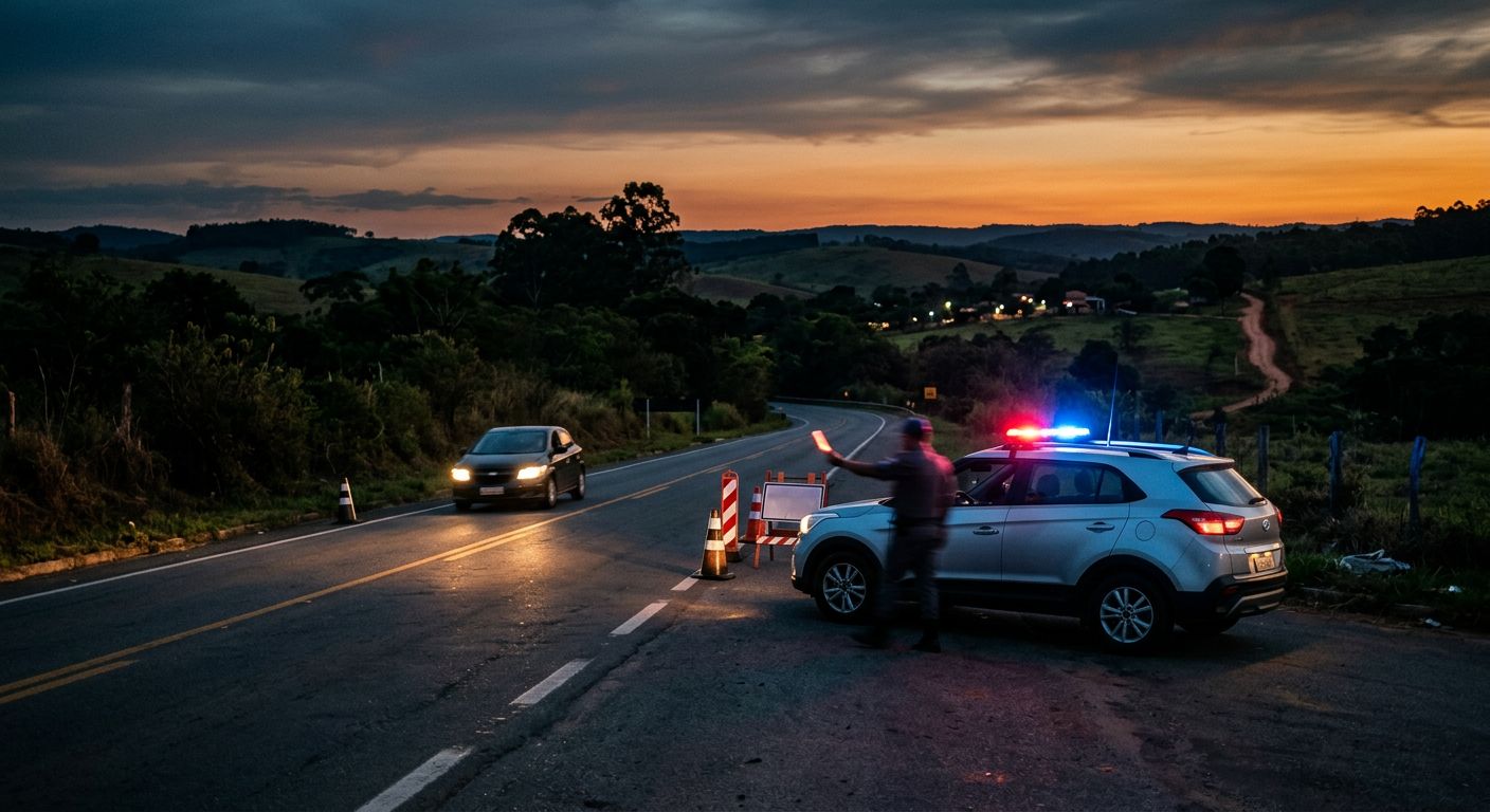Viatura policial com luzes ligadas em bloqueio na rodovia ao entardecer